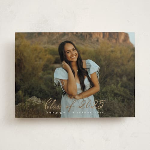 This is a pearl graduation announcements with foil pressed by Ashley Iwafuchi called grad greetings printing on recycled smooth signature in standard