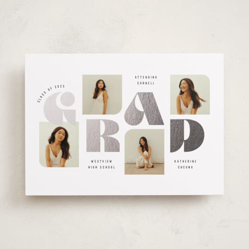 This is a slate graduation announcements with foil pressed by Hooray Creative called retro grad printing on recycled smooth signature in standard