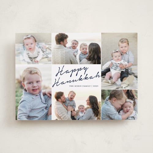 This is a navy hanukkah cards with standard by Annie Shapiro called handwritten hanukkah printing on recycled smooth signature in standard