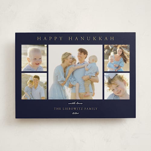 This is a navy hanukkah cards with standard by Oma N. Ramkhelawan called multiple hanukkah wishes printing on recycled smooth signature in standard