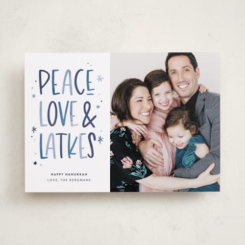 This is a frost hanukkah cards with standard by Laura Bercovich called peace, love & latkes printing on recycled smooth signature in standard