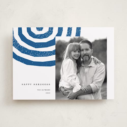 This is a cobalt hanukkah cards with standard by Sumak Studio called hanukkah menorah printing on recycled smooth signature in standard