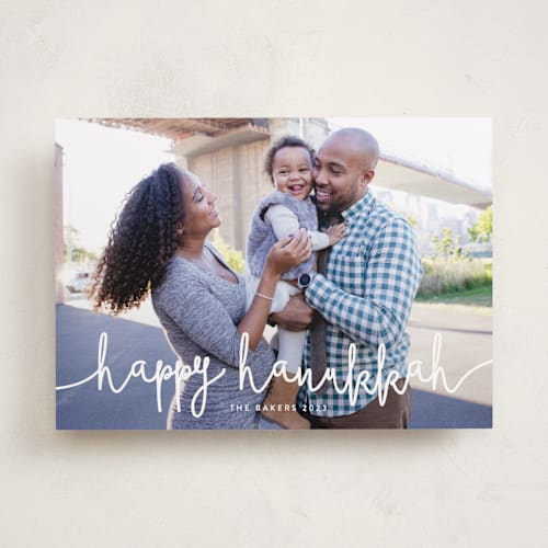 This is a cotton hanukkah cards with standard by Melanie Severin called playful script printing on recycled smooth signature in standard
