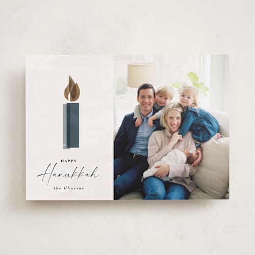 This is a champagne hanukkah cards with standard by Kate Ahn called candlelight printing on recycled smooth signature in standard