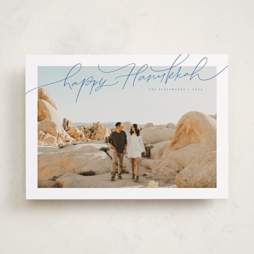 This is a denim hanukkah cards with standard by Anastasia Makarova called ballpen printing on recycled smooth signature in standard