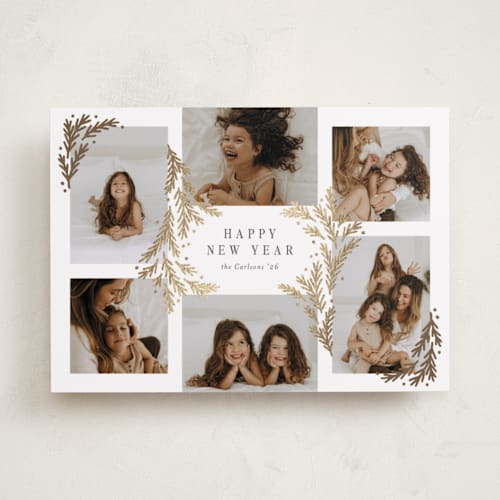 This is a snowball foil pressed holiday cards with foil pressed by Michelle Taylor called gilded greenery printing on recycled smooth signature in standard