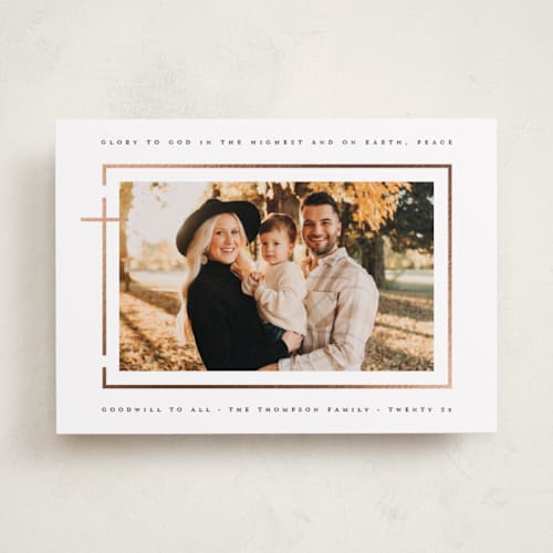 This is a cloud foil pressed holiday cards with foil pressed by Heather Schertzer called on earth, peace printing on recycled smooth signature in standard
