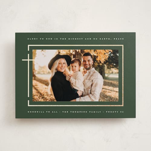 This is a pine foil pressed holiday cards with foil pressed by Heather Schertzer called on earth, peace printing on recycled smooth signature in standard