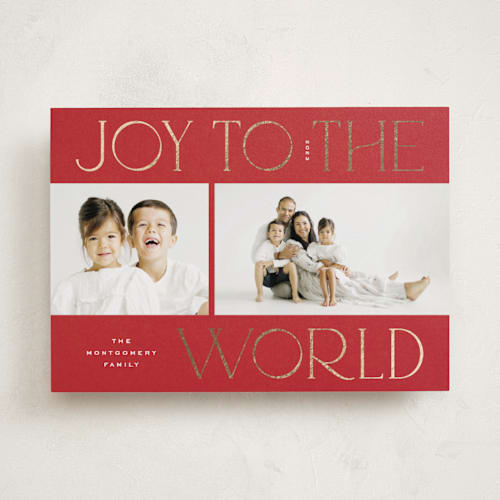 This is a santa suit foil pressed holiday cards with foil pressed by Wildfield Paper Co called joy! to the world printing on recycled smooth signature in standard