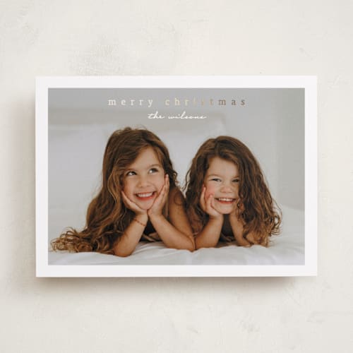 This is a snow foil pressed holiday cards with foil pressed by Stacey Meacham called simplest border printing on recycled smooth signature in standard