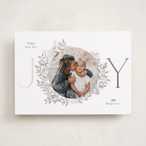 This is a silverbells foil pressed holiday cards with foil pressed by Itsy Belle Studio called joy wreath printing on recycled smooth signature in standard