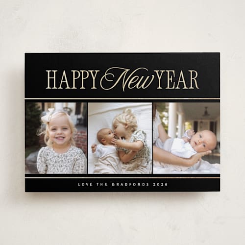 This is a noir foil pressed holiday cards with foil pressed by Nicole Walsh called new year trio printing on recycled smooth signature in standard