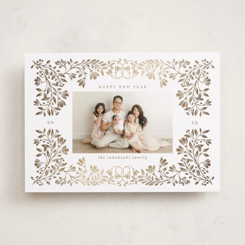 This is a snow foil pressed holiday cards with foil pressed by Anna Black called leafy frame printing on recycled smooth signature in standard