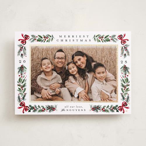 This is a winter foil pressed holiday cards with foil pressed by Makewells called sparkly bows printing on recycled smooth signature in standard