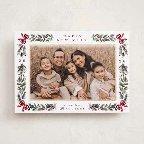 This is a winter foil pressed holiday cards with foil pressed by Makewells called sparkly bows printing on recycled smooth signature in standard