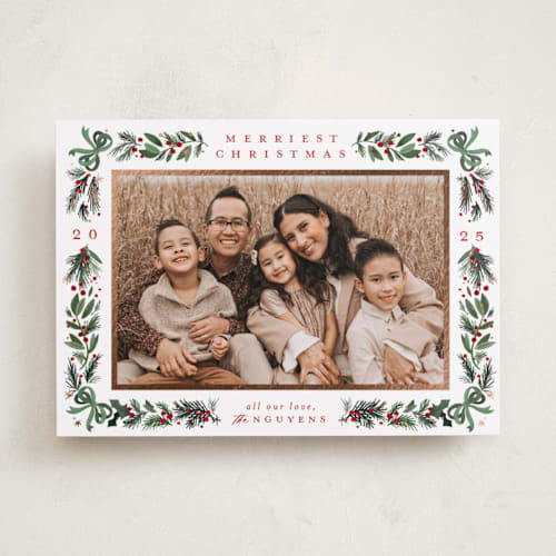 This is a forest foil pressed holiday cards with foil pressed by Makewells called sparkly bows printing on recycled smooth signature in standard