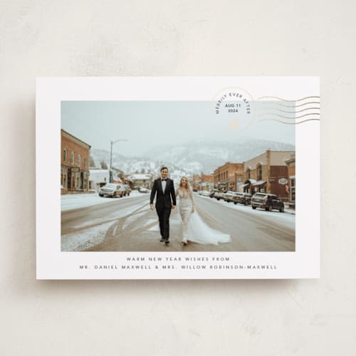 This is a northern snow foil pressed holiday cards with foil pressed by Kate Ross called postcard printing on recycled smooth signature in standard
