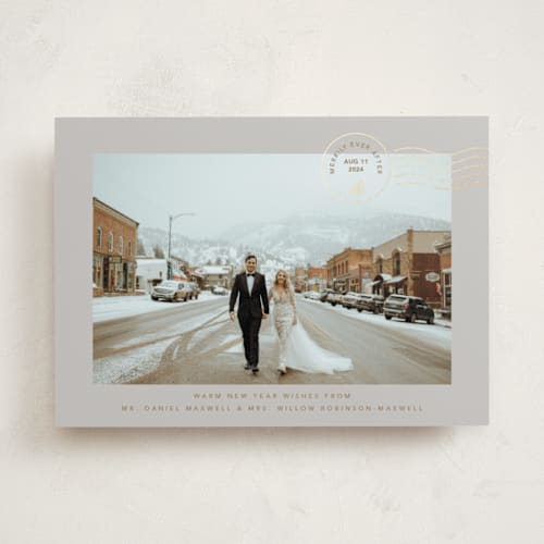This is a mist foil pressed holiday cards with foil pressed by Kate Ross called postcard printing on recycled smooth signature in standard