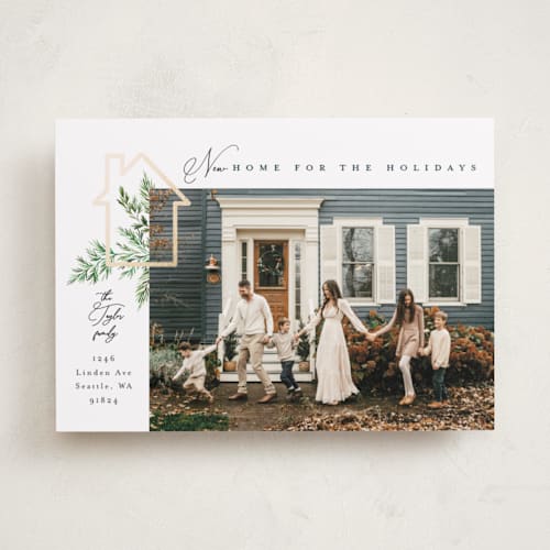 This is a pine foil pressed holiday cards with foil pressed by Alethea and Ruth called new home for the holidays printing on recycled smooth signature in standard