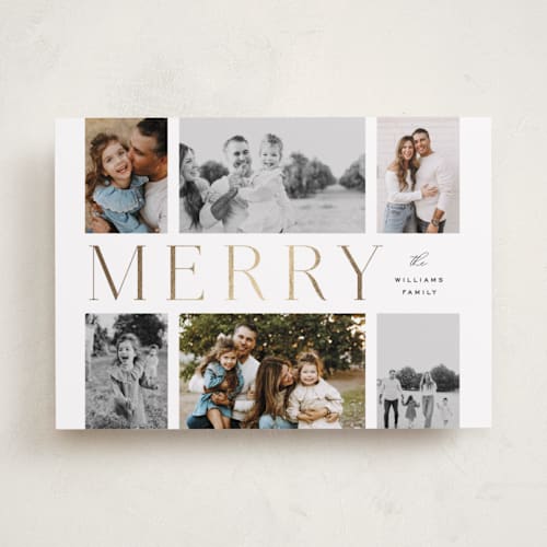 This is a snowfall foil pressed holiday cards with foil pressed by Design Lotus called gilded lettering printing on recycled smooth signature in standard