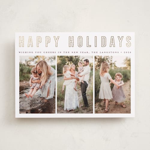 This is a snow foil pressed holiday cards with foil pressed by Juliana Zimmermann called triple happiness printing on recycled smooth signature in standard