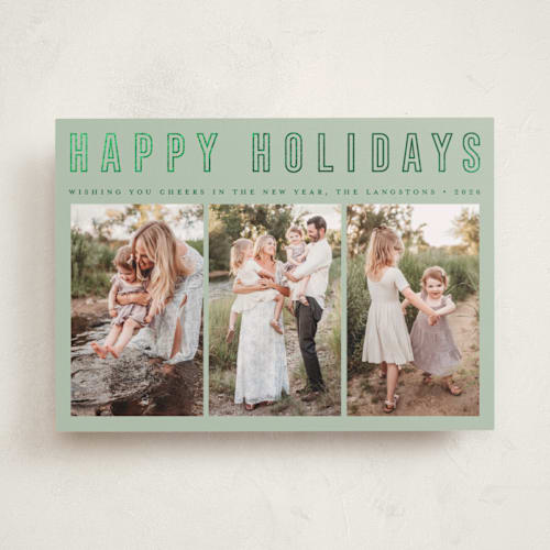 This is a elf shoes foil pressed holiday cards with foil pressed by Juliana Zimmermann called triple happiness printing on recycled smooth signature in standard