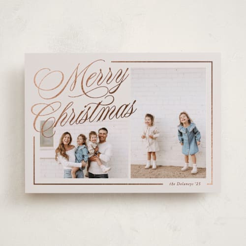 This is a eggnog foil pressed holiday cards with foil pressed by Brianne Larsen called elegantly lined printing on recycled smooth signature in standard