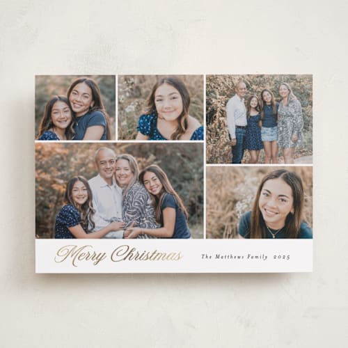 This is a snow foil pressed holiday cards with foil pressed by Rebecca Durflinger called merriment printing on recycled smooth signature in standard