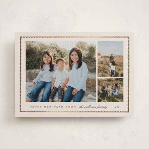 This is a eggnog foil pressed holiday cards with foil pressed by Amy Kross called sealed printing on recycled smooth signature in standard