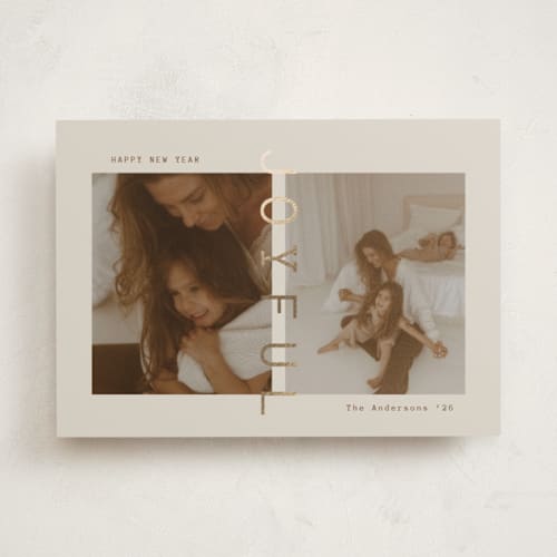 This is a linen foil pressed holiday cards with foil pressed by Ana Sharpe called joyful den printing on recycled smooth signature in standard