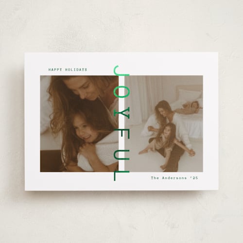 This is a verdant foil pressed holiday cards with foil pressed by Ana Sharpe called joyful den printing on recycled smooth signature in standard