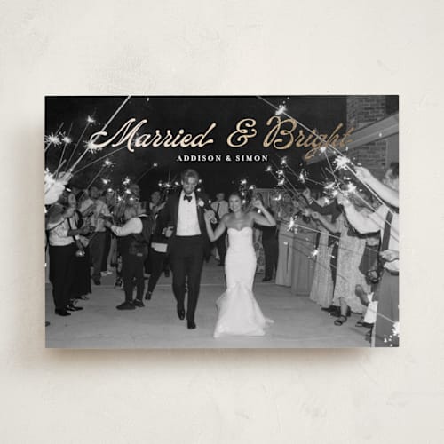 This is a snow foil pressed holiday cards with foil pressed by Annie Holmquist called married and bright printing on recycled smooth signature in standard