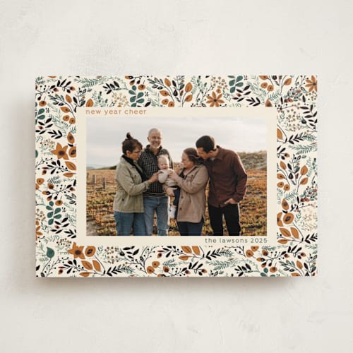 This is a caramel foil pressed holiday cards with foil pressed by Tatjana Koraksic called winter flora pattern printing on recycled smooth signature in standard