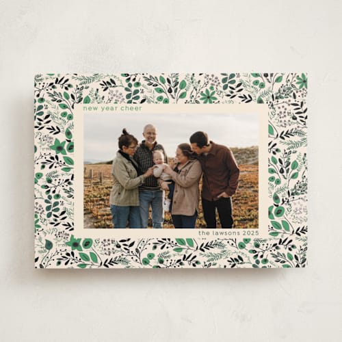 This is a lime foil pressed holiday cards with foil pressed by Tatjana Koraksic called winter flora pattern printing on recycled smooth signature in standard