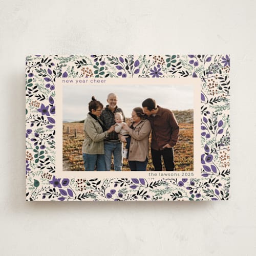 This is a plum foil pressed holiday cards with foil pressed by Tatjana Koraksic called winter flora pattern printing on recycled smooth signature in standard