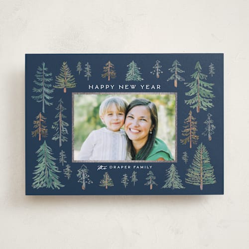 This is a juniper foil pressed holiday cards with foil pressed by Amy Kross called the woods printing on recycled smooth signature in standard