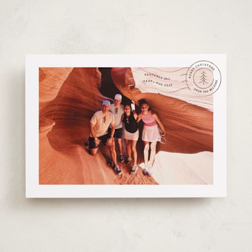 This is a charcoal foil pressed holiday cards with foil pressed by Amy Payne called vacation postcard printing on recycled smooth signature in standard