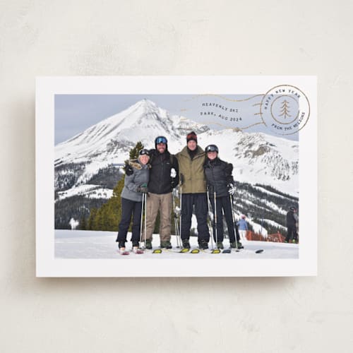 This is a charcoal foil pressed holiday cards with foil pressed by Amy Payne called vacation postcard printing on recycled smooth signature in standard