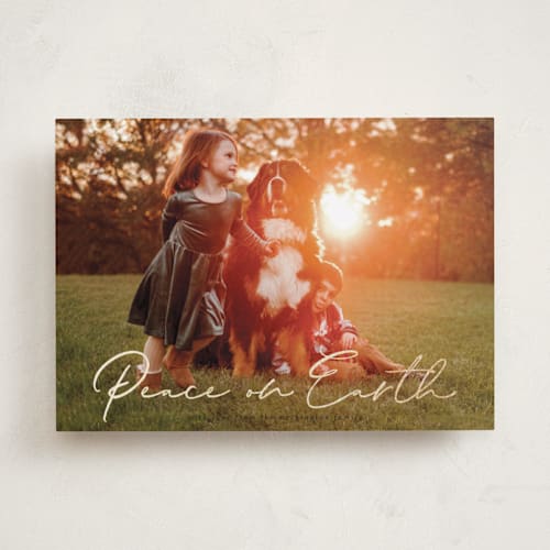 This is a coal foil pressed holiday cards with foil pressed by Ashley Iwafuchi called peaceful greeting printing on recycled smooth signature in standard