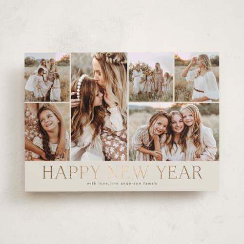 This is a coal foil pressed holiday cards with foil pressed by Kimberly Morgan called holiday photo grid printing on recycled smooth signature in standard
