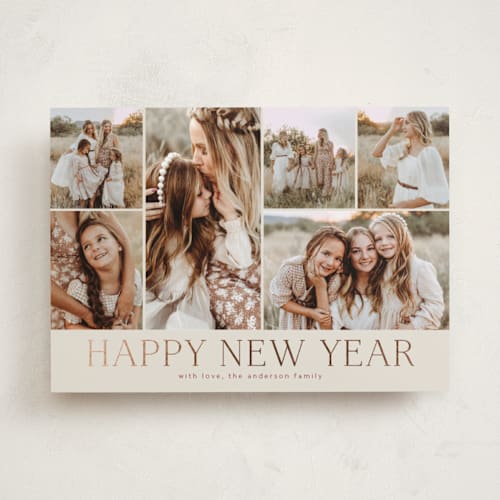 This is a cranberry foil pressed holiday cards with foil pressed by Kimberly Morgan called holiday photo grid printing on recycled smooth signature in standard
