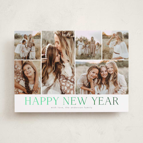 This is a sage foil pressed holiday cards with foil pressed by Kimberly Morgan called holiday photo grid printing on recycled smooth signature in standard