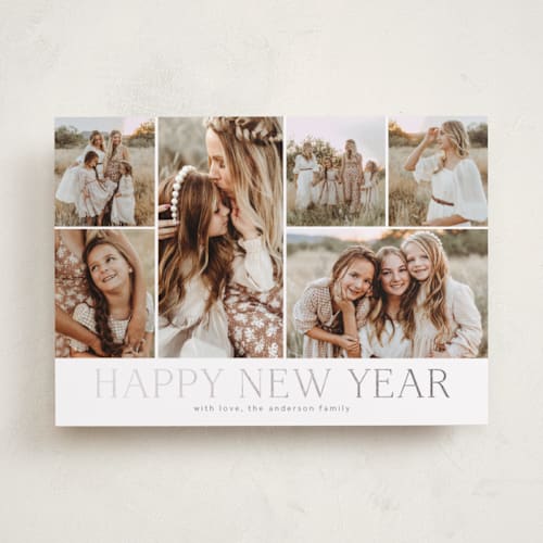 This is a sage foil pressed holiday cards with foil pressed by Kimberly Morgan called holiday photo grid printing on recycled smooth signature in standard