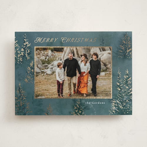This is a blue spruce foil pressed holiday cards with foil pressed by Petra Kern called wintery printing on recycled smooth signature in standard
