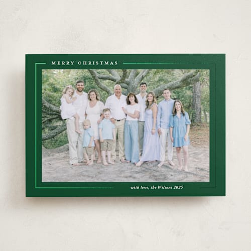 This is a wreath foil pressed holiday cards with foil pressed by Yaling Hou Suzuki called minimalist magic printing on recycled smooth signature in standard