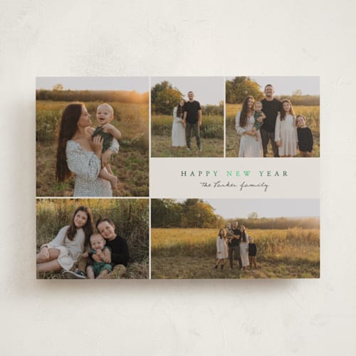 This is a pine foil pressed holiday cards with foil pressed by Brianne Larsen called simple five printing on recycled smooth signature in standard