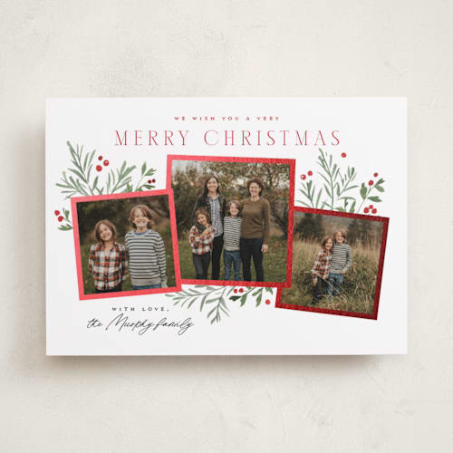 This is a peppermint foil pressed holiday cards with foil pressed by Everett Paper Goods called pine holly printing on recycled smooth signature in standard