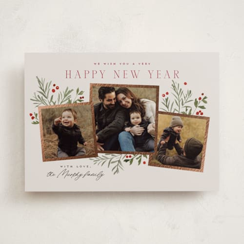This is a sugar cookie foil pressed holiday cards with foil pressed by Everett Paper Goods called pine holly printing on recycled smooth signature in standard