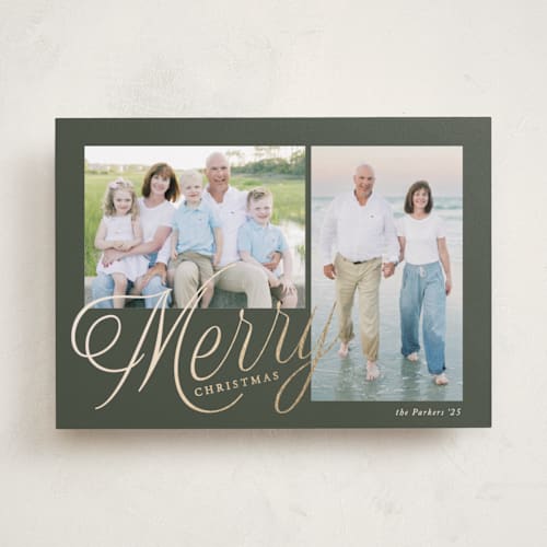 This is a pine foil pressed holiday cards with foil pressed by Brianne Larsen called scripted merry printing on recycled smooth signature in standard
