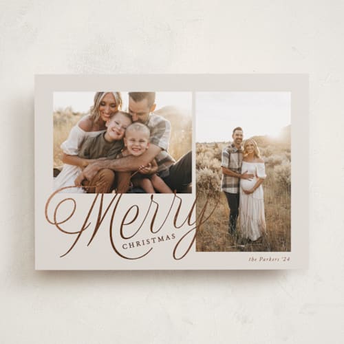 This is a snickerdoodle foil pressed holiday cards with foil pressed by Brianne Larsen called scripted merry printing on recycled smooth signature in standard
